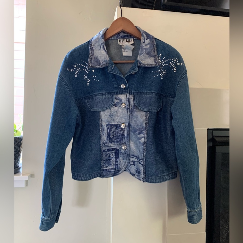 ▶️ Vintage Cropped Denim Jacket Womens 4 Embroidered Studded Western 90s - Picture 15 of 15